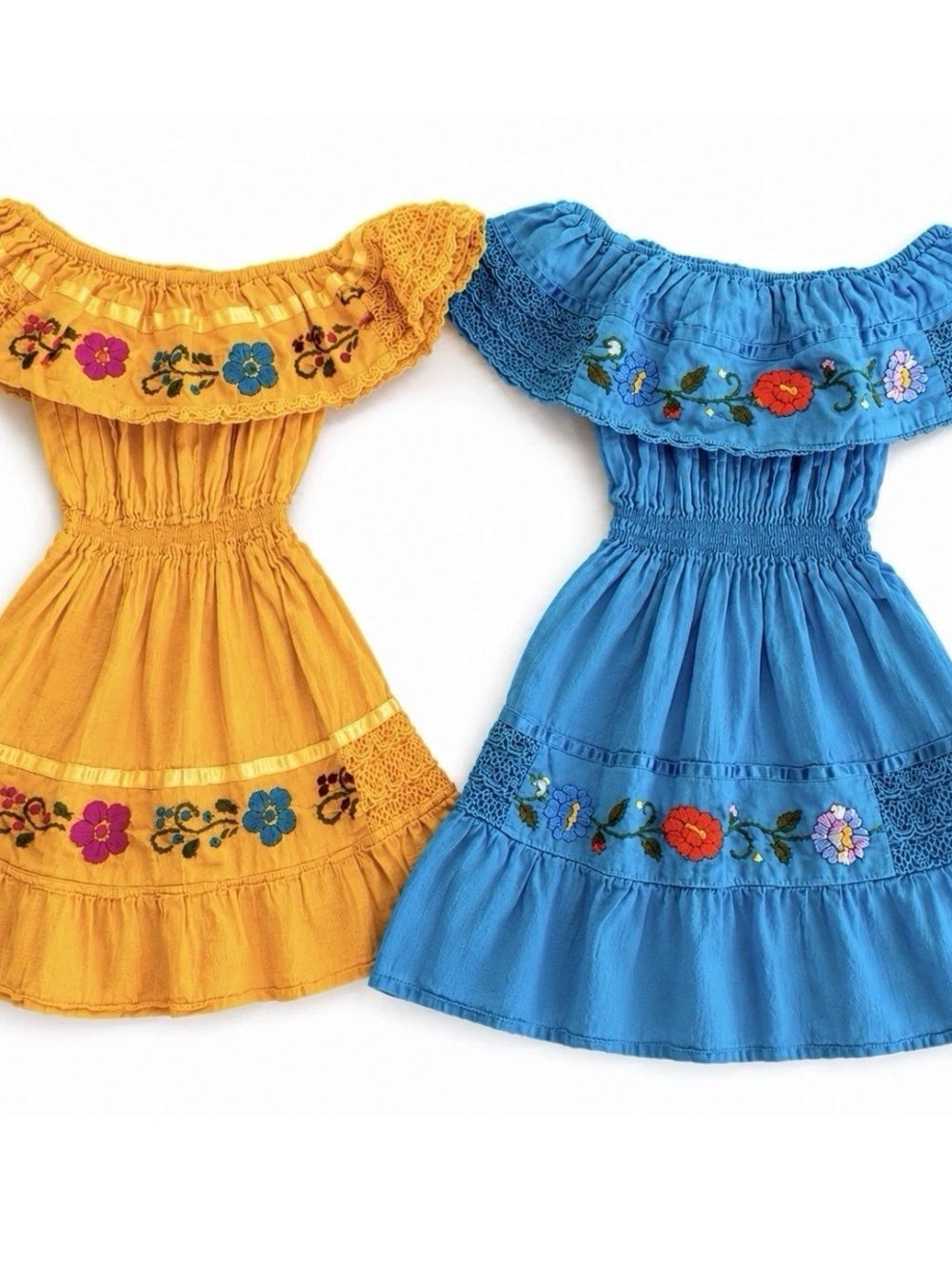Handmade Mexican Embroidered Toddler Dresses 12-18M Set of 2 Puebla Fiesta